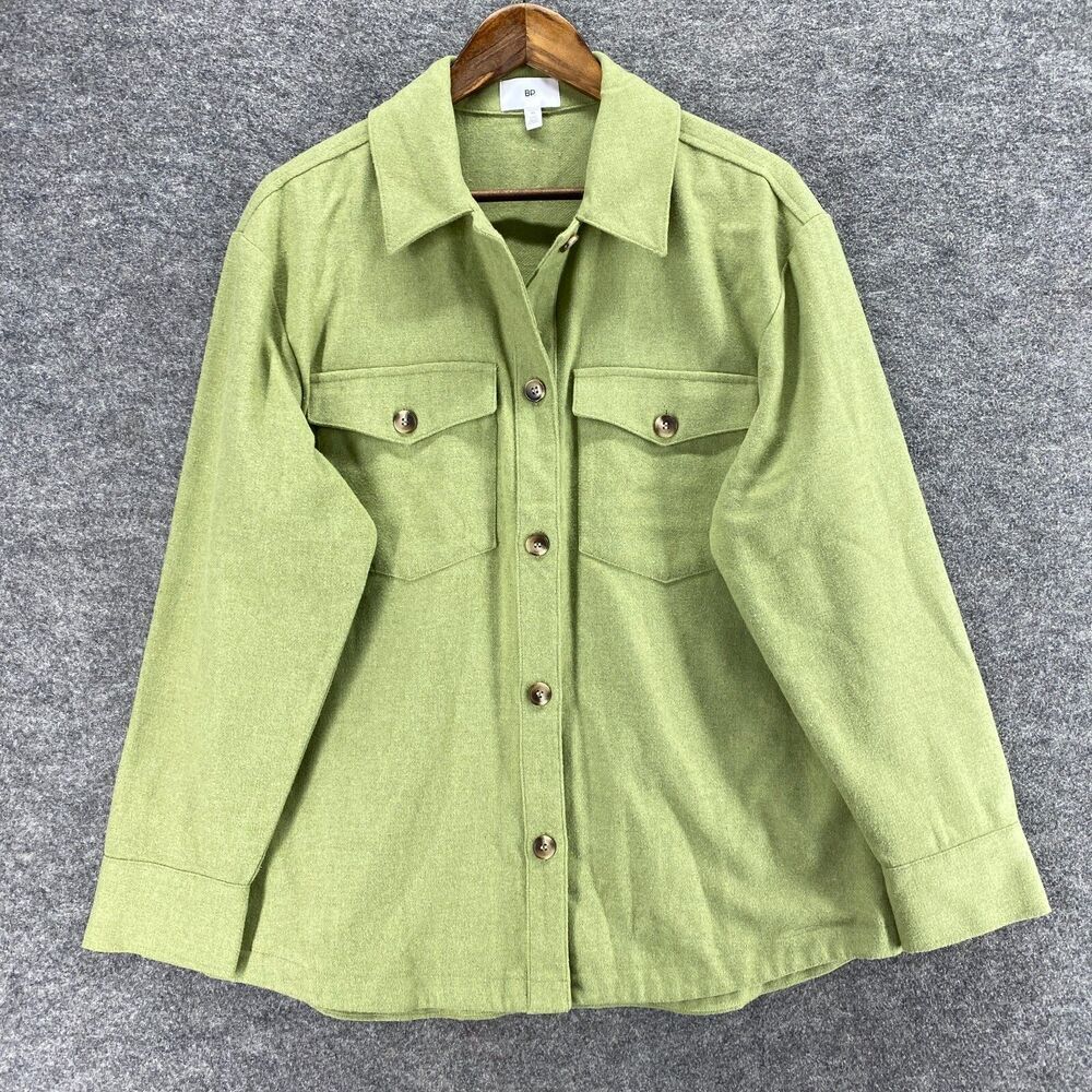 BP. Jacket Women M Medium Green Button Up Collared Long Sleeve Wool Pockets